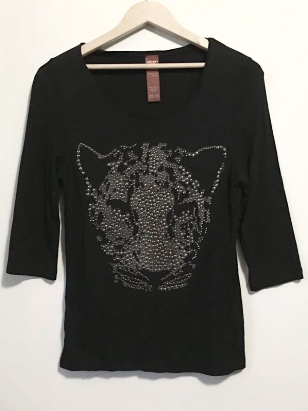 Olsen Europe Black Viscose Metal Studded Big Cat Head Pattern Shirt - S Euro Eco